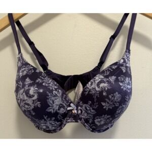 Victoria Secret Underwire Purple Floral Plunge Bra Molded 36 DDD